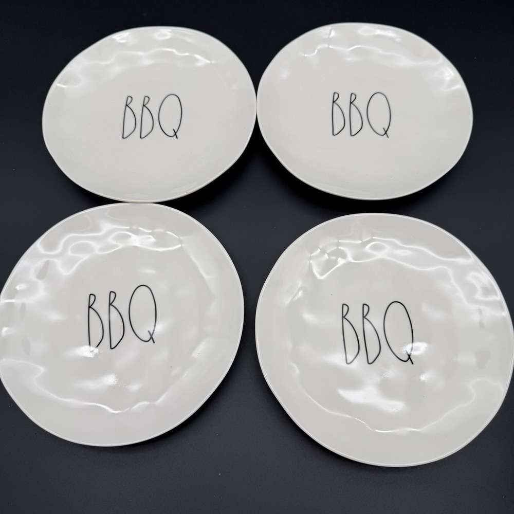 RAE DUNN Artisan Collection BBQ Melamine Plates Set 4 Summer Outdoor White 8"